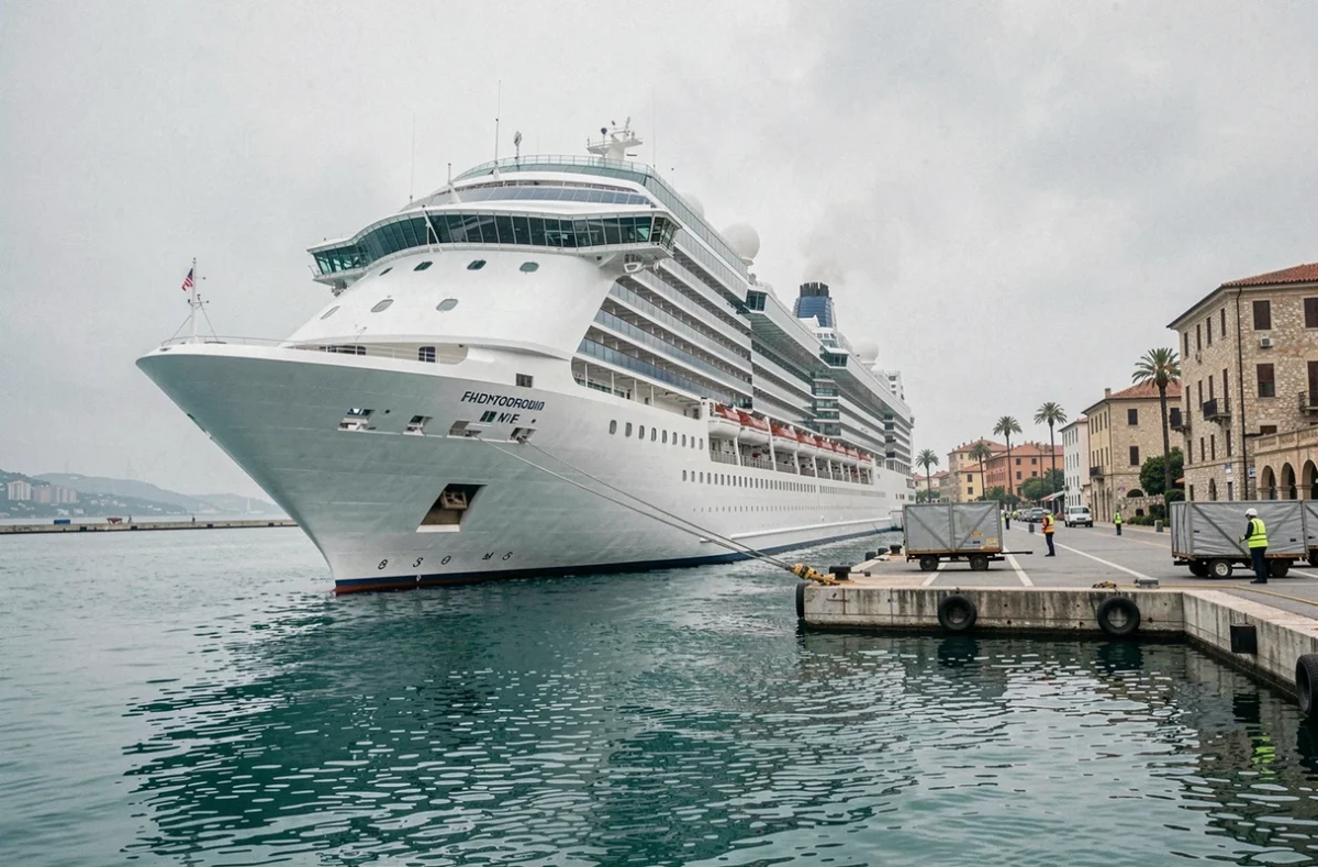 Paquebot de croisière amarré dans un port méditerranéen calme en basse saison, quai presque désert