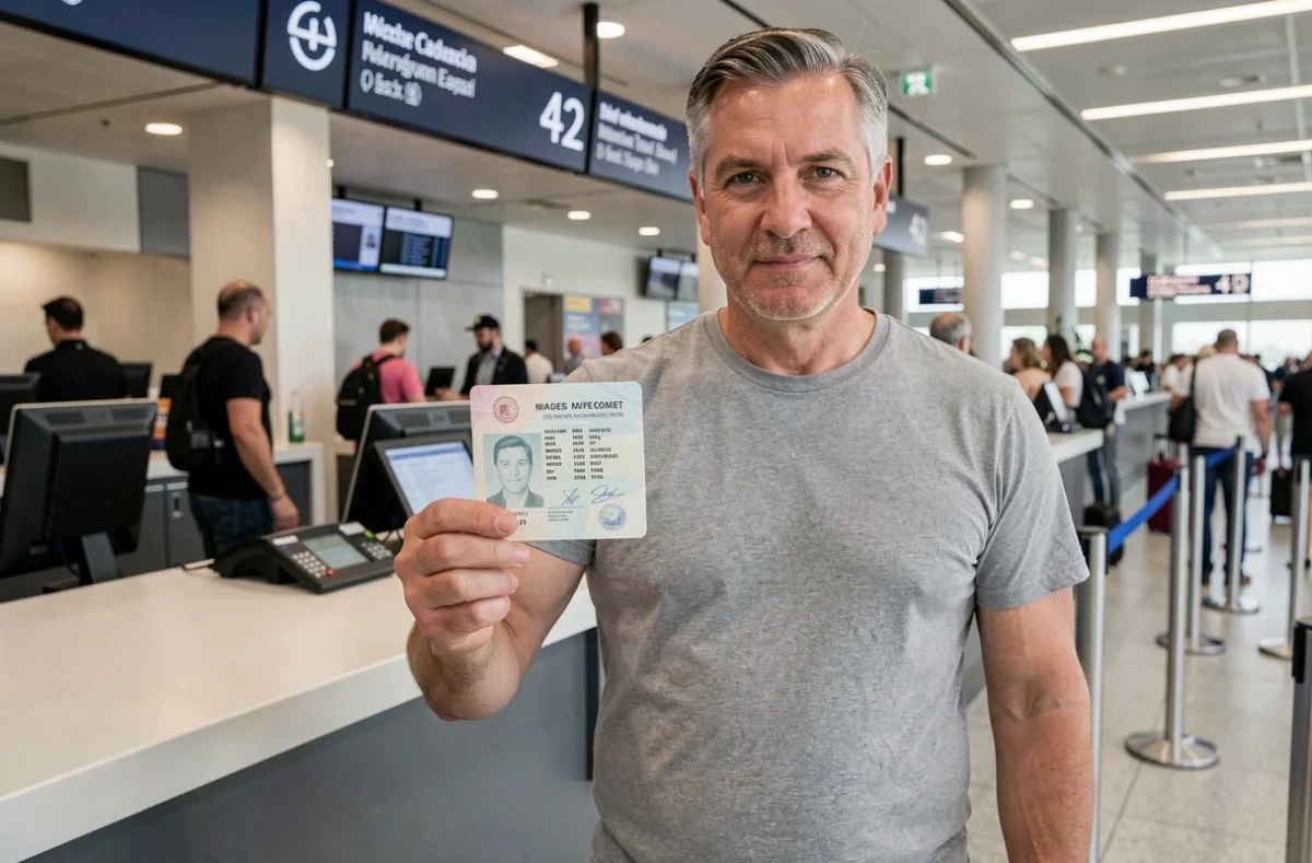 Homme tenant son passeport ouvert au comptoir d'enregistrement d'un aéroport international