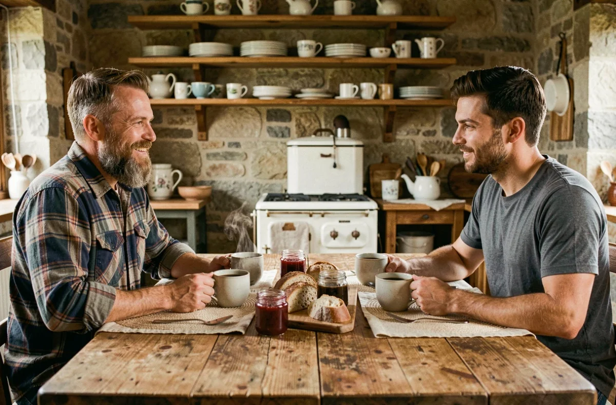 Deux hommes partageant un petit-déjeuner dans une cuisine rustique lors d'un séjour chez l'habitant