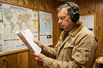 Pilote de montgolfière consultant un document de licence aéronautique dans une salle de briefing