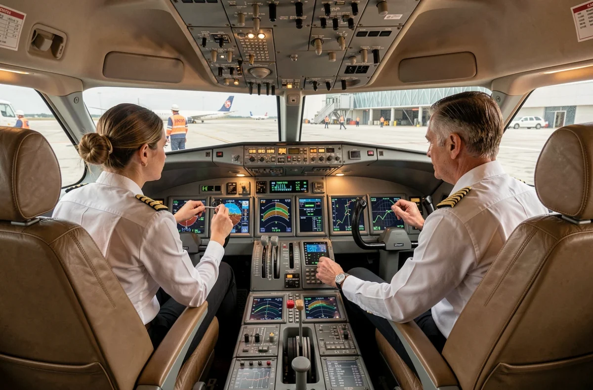 Pilotes en cockpit d'avion commercial effectuant la checklist pré-vol avant le décollage