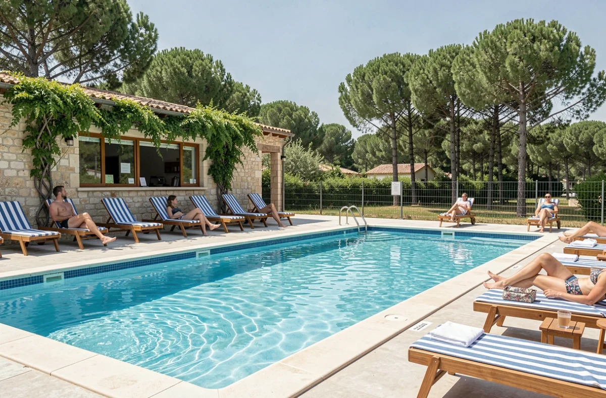 Piscine extérieure propre d'un camping 3 étoiles avec transats en bois, bâtiment de réception en pierre et pins en arrière-plan