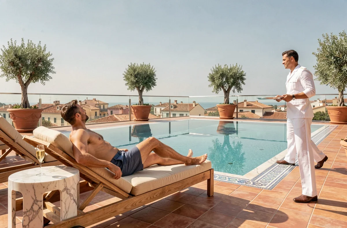 Piscine à débordement sur rooftop d'un hôtel de luxe 5 étoiles avec vue panoramique sur une ville méditerranéenne et service personnalisé
