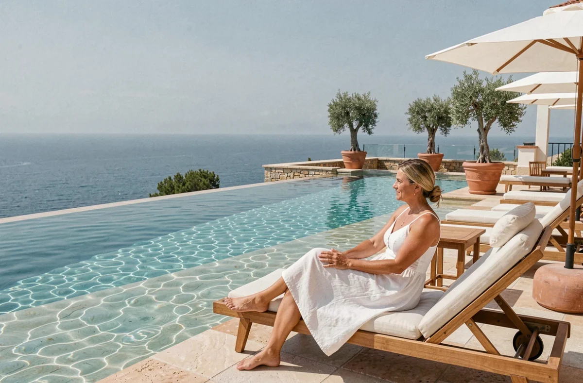 Piscine à débordement sur rooftop d'un hôtel palace avec vue panoramique sur l'océan et femme se relaxant au bord de l'eau