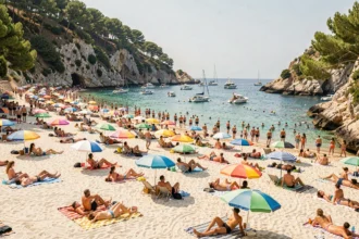 Plage bondée de touristes en Corse pendant la haute saison estivale, parasols colorés et baigneurs sur le sable blanc