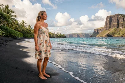 Femme en robe florale debout sur une plage de sable noir volcanique à La Réunion, face au lagon turquoise