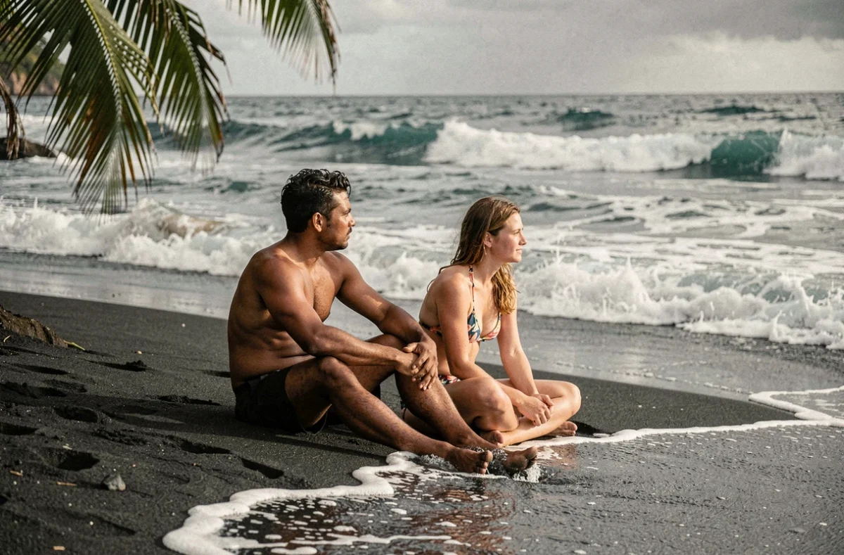 Deux personnes assises sur une plage de sable noir à Tahiti observant les vagues de l'océan Pacifique