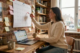 Femme planifiant ses vacances longue durée en 2026 avec un calendrier mural et un ordinateur portable