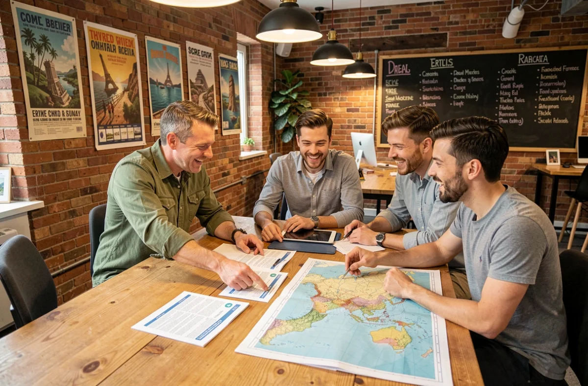Groupe de personnes planifiant un voyage ensemble dans une agence de voyages moderne avec atlas et itinéraires imprimés