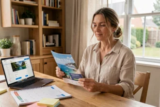 Femme planifiant une croisière pas chère en consultant un calendrier et un site de réservation en ligne depuis chez elle