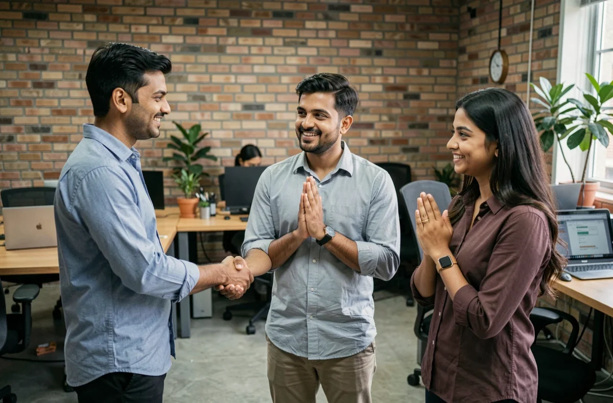 Trois collègues indiens dans un bureau moderne de Bangalore échangeant des salutations mêlant poignée de main occidentale et geste traditionnel namaste