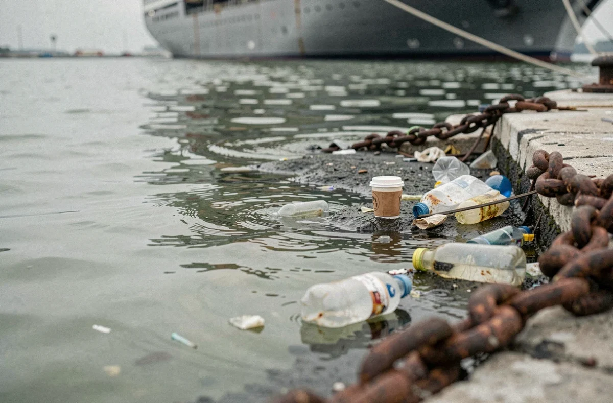 Pollution de l'eau et déchets plastiques dans un port fréquenté par les navires de croisière
