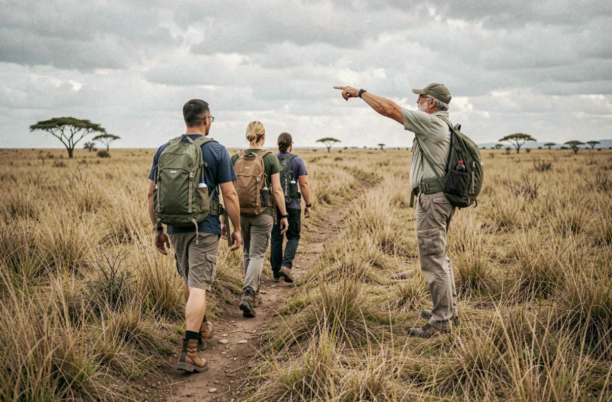 Groupe de randonneurs guidé par un guide local dans une savane lors d'un voyage d'écotourisme