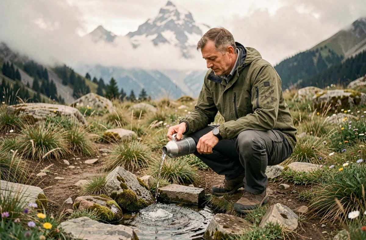 Randonneur remplissant sa gourde à une source naturelle dans un alpage près du Mont-Blanc