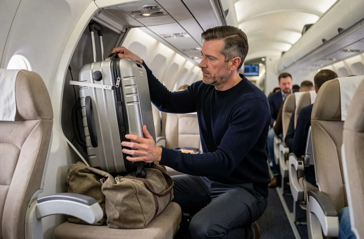 Homme rangeant un bagage cabine rigide dans le compartiment supérieur d'un avion avec un petit bagage à main posé sur le siège