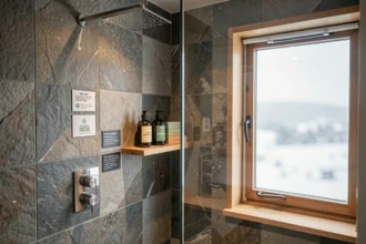 Salle de bain moderne en Islande avec douche en pierre basaltique et produits de soin locaux