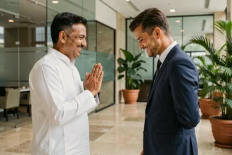 Homme indien en kurta blanc faisant le geste namaste pour accueillir un homme d'affaires occidental dans un hall de bureau moderne à Mumbai