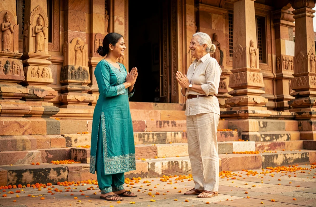Jeune femme indienne en salwar kameez faisant le namaste à une touriste étrangère devant l'entrée d'un temple hindou orné