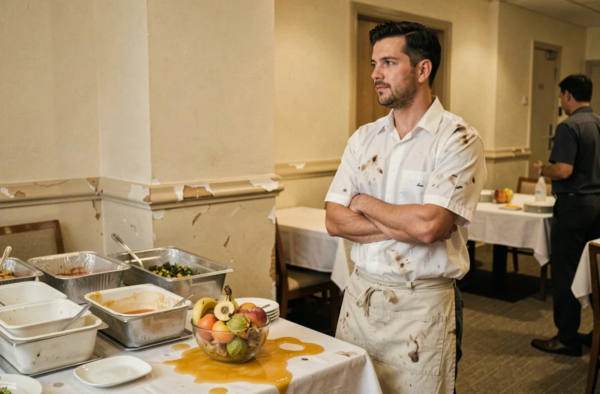 Serveur désengagé en uniforme froissé devant un buffet d'hôtel mal approvisionné et peu soigné