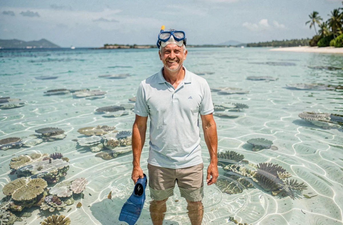Touriste en palmes dans le lagon de Saint-Gilles-les-Bains à La Réunion avec récif corallien visible sous l'eau