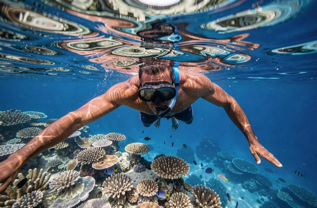 Homme en train de faire du snorkeling au-dessus d'un récif corallien coloré dans l'océan à Tahiti