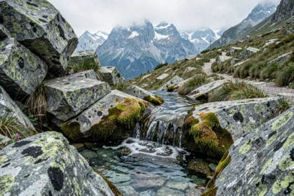 Source naturelle d'eau claire jaillissant de rochers calcaires dans les Alpes françaises près du Mont-Blanc