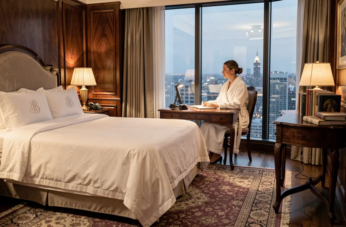 Suite de luxe d'un hôtel 5 étoiles avec femme en peignoir à un bureau près d'une grande fenêtre panoramique sur la ville