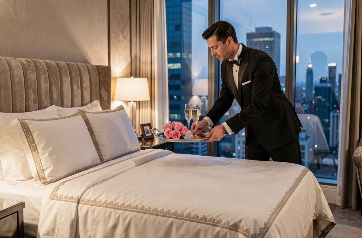Suite luxueuse d'un palace avec majordome en uniforme posant un plateau argenté sur une table de chevet en marbre
