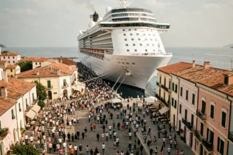 Paquebot de croisière géant écrasant un port méditerranéen historique envahi par les touristes