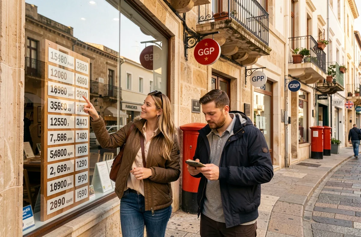 Couple de touristes observant des prix en livres gibraltariennes devant une boutique sur Main Street à Gibraltar