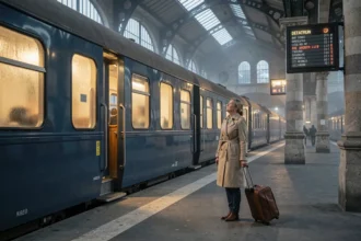 Femme avec valise sur le quai d'une gare face à un train de nuit européen à destination de Venise