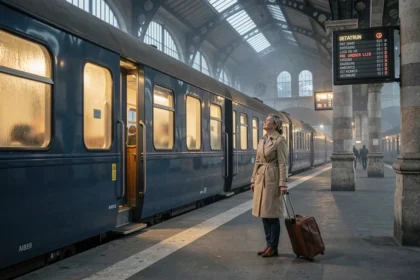 Femme avec valise sur le quai d'une gare face à un train de nuit européen à destination de Venise