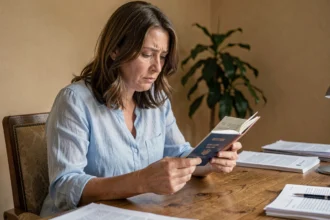 Femme consultant la date de validité de son passeport à son bureau à domicile