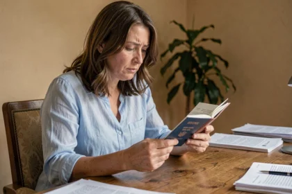 Femme consultant la date de validité de son passeport à son bureau à domicile
