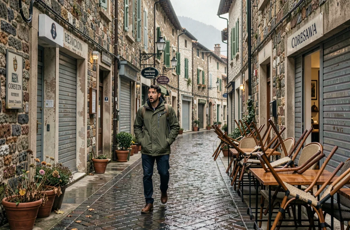 Rue d'un village côtier corse en arrière-saison sous la pluie, commerces fermés et terrasses vides, voyageur solitaire