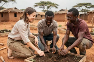 Jeune femme volontaire internationale travaillant dans un jardin communautaire avec des habitants locaux en Afrique subsaharienne