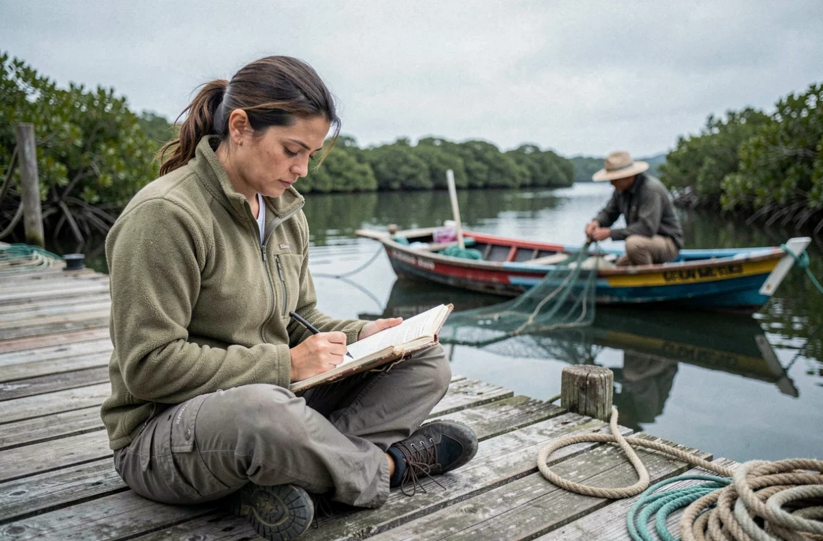 Femme volontaire internationale écrivant dans un carnet sur un ponton en Amérique du Sud lors d'une mission de terrain