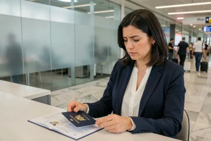 Femme tenant son passeport au comptoir d'enregistrement d'un aéroport international pour voyager avec son nom d'épouse