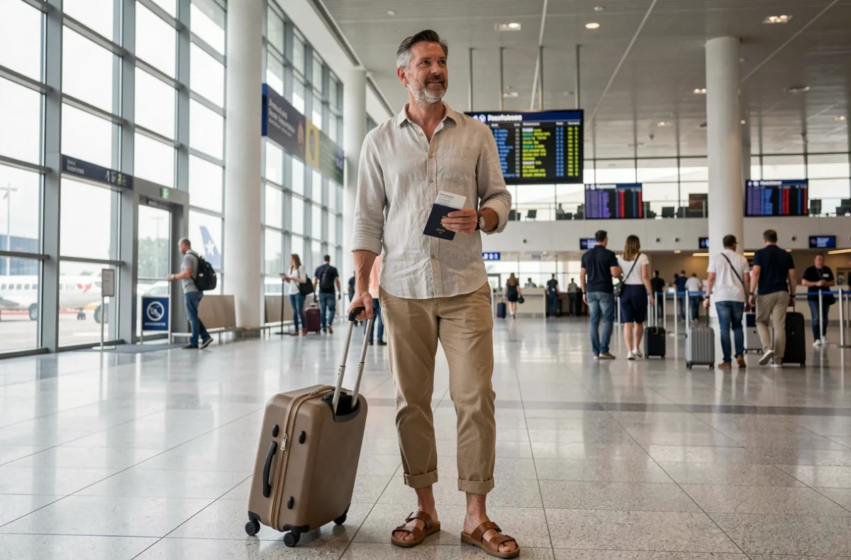 Voyageur en partance pour de longues vacances à l'aéroport international avec valise et passeport