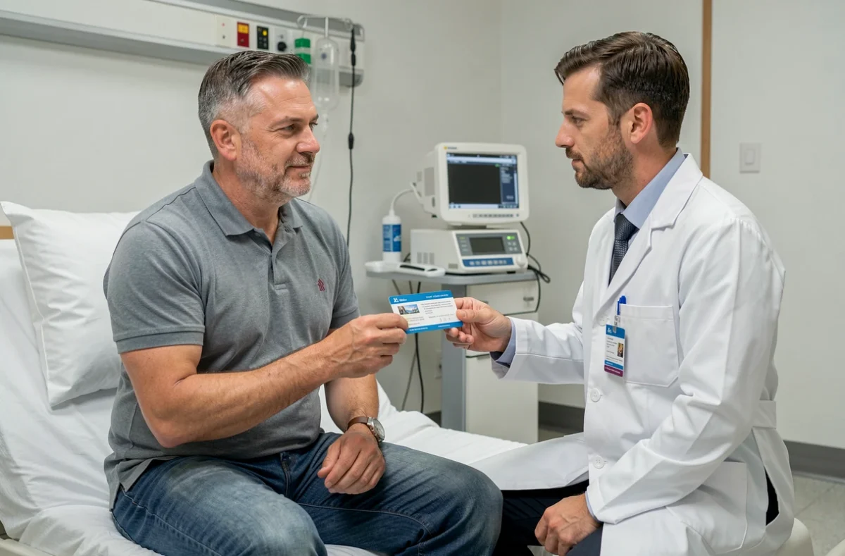 Voyageur présentant sa carte d'assurance voyage à un médecin lors d'une consultation à l'étranger