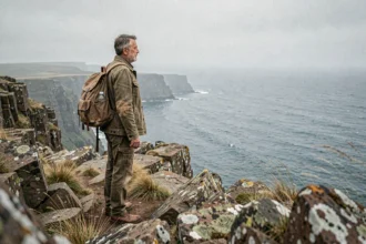 Voyageur contemplant l'horizon depuis une falaise côtière sauvage du côté ouest