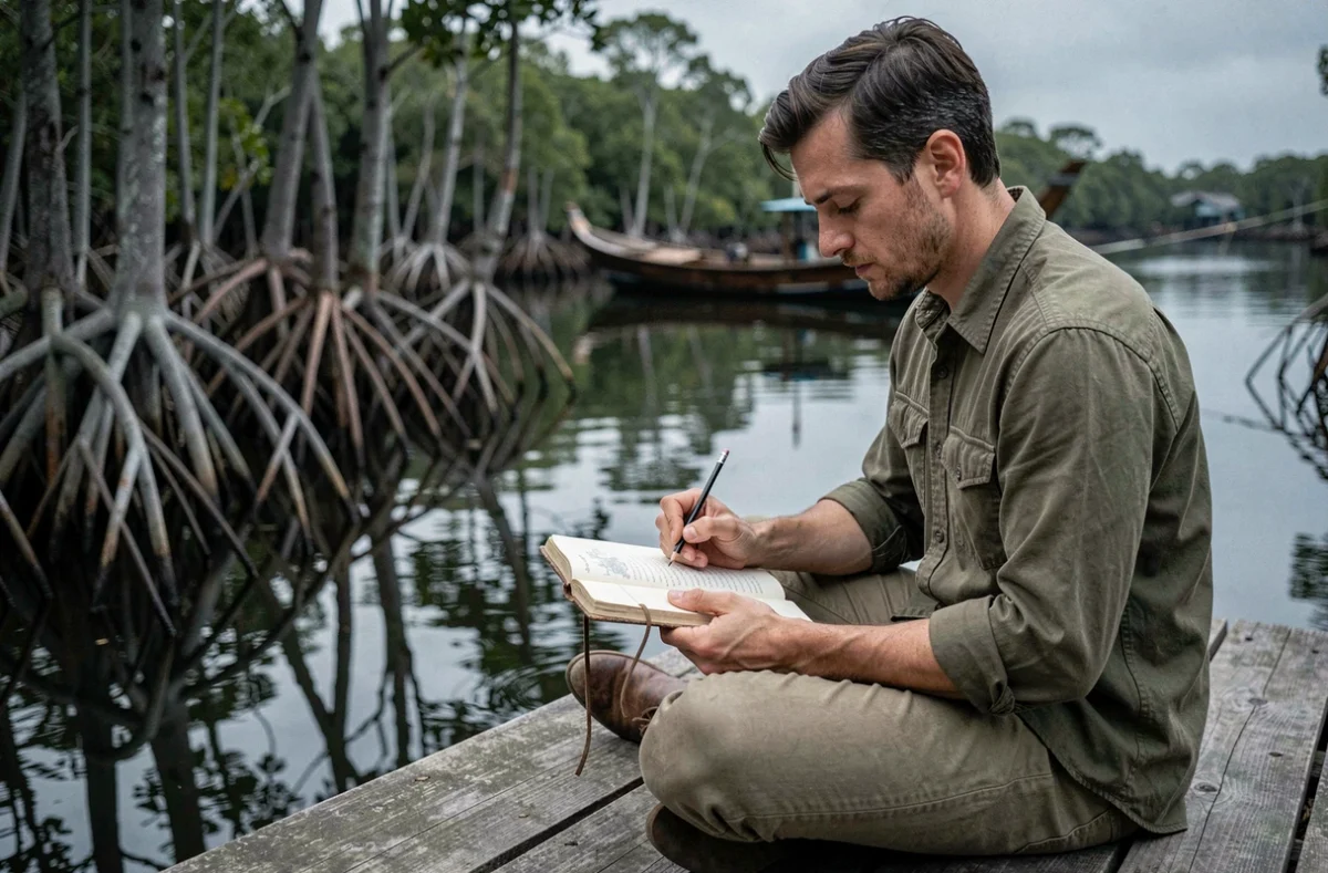 Voyageur dessinant un paysage de mangrove depuis une plateforme en bois dans le cadre de l'écotourisme