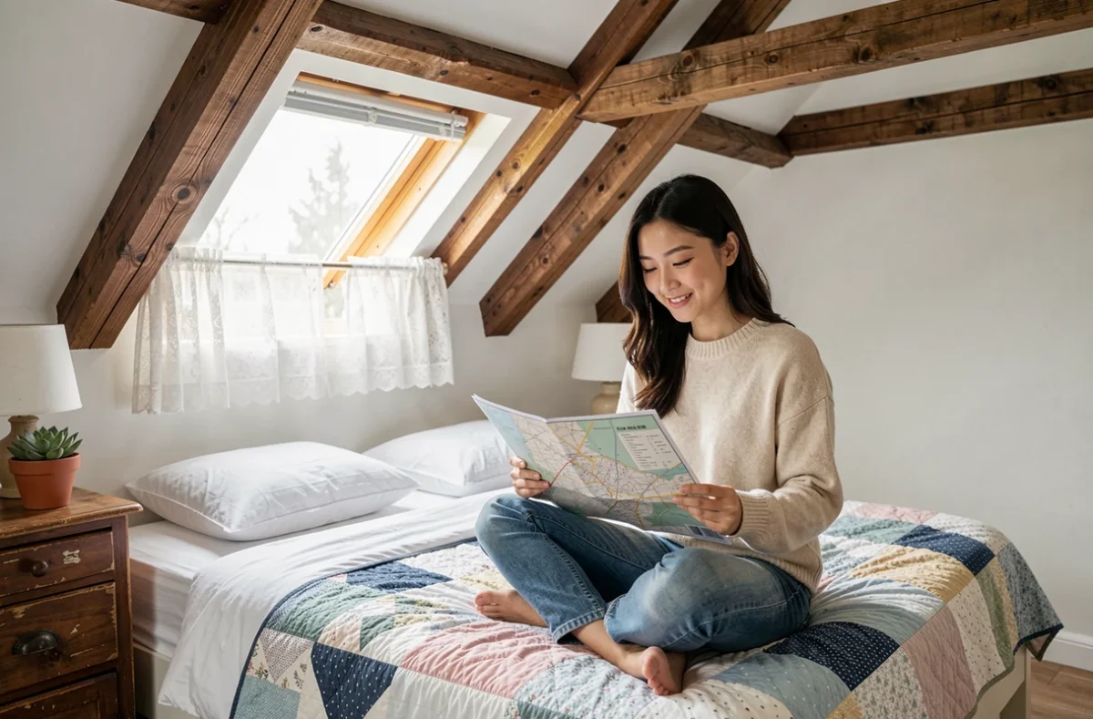 Voyageuse consultant une carte dans une chambre d'hôte sous les toits avec poutres apparentes