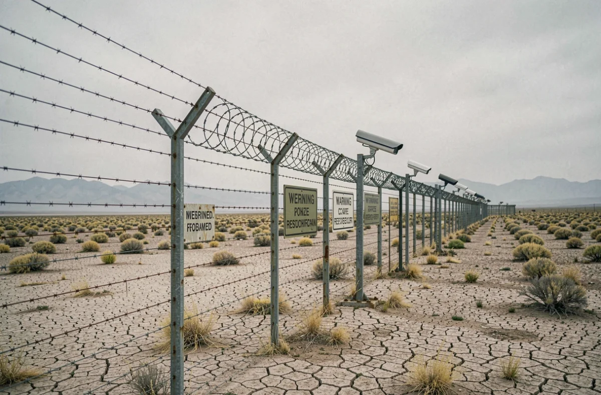Clôture barbelée d'une zone militaire secrète et interdite au public dans un désert aride